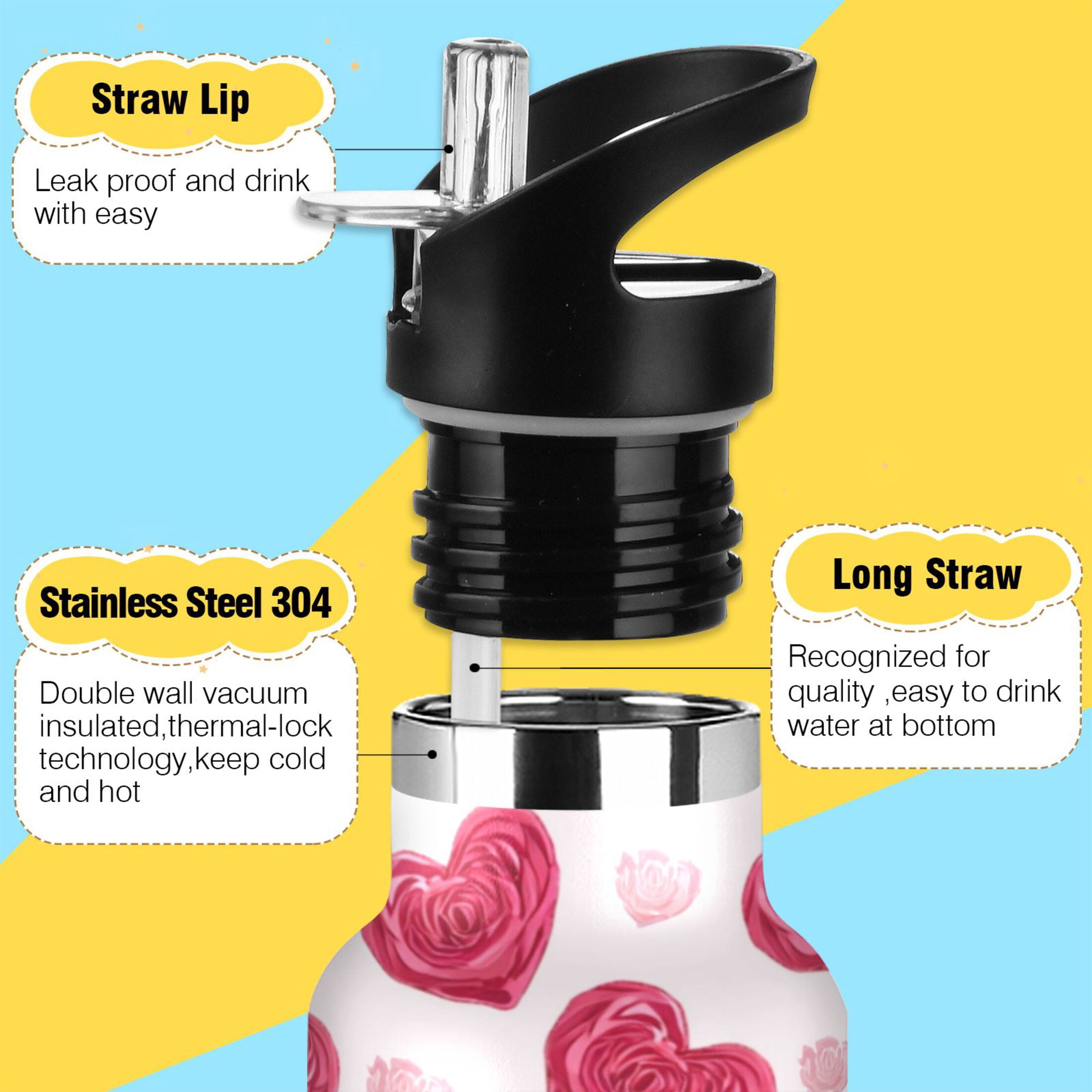 Kids Insulated Stainless Steel Sports Water Bottle 600ml Heart-shaped Rose Pattern