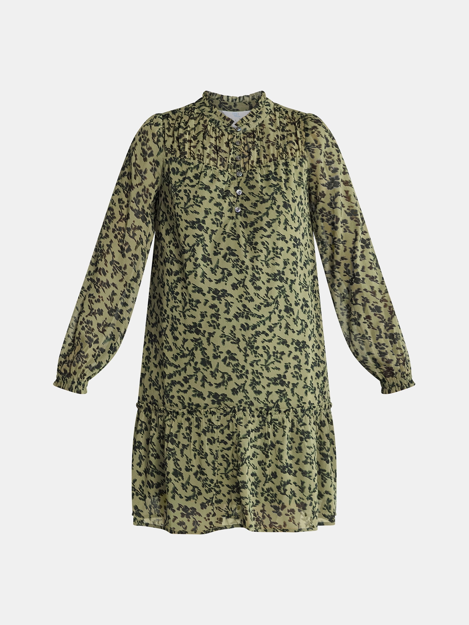 Time and Tru Women's Long Sleeve Ruched Yoke Dress, Sizes XS-XXXL