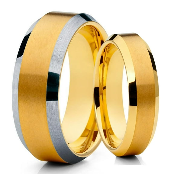 His and Hers - 6mm & 8mm -Tungsten Wedding Band - Yellow Gold Tungsten Ring - Yellow Gold Ring