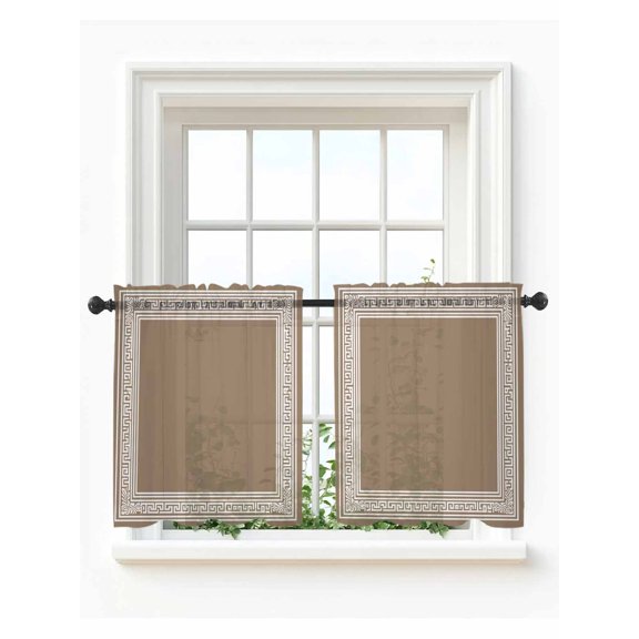 Brown Geometric Tier Curtains 36 Inch Length, Sheer Curtains for Bedroom Living Room Window, Vintage Greece Key Rod Pocket Voile Drapes Kitchen Curtains Small Half Window 27.5"x36" 2 Panels