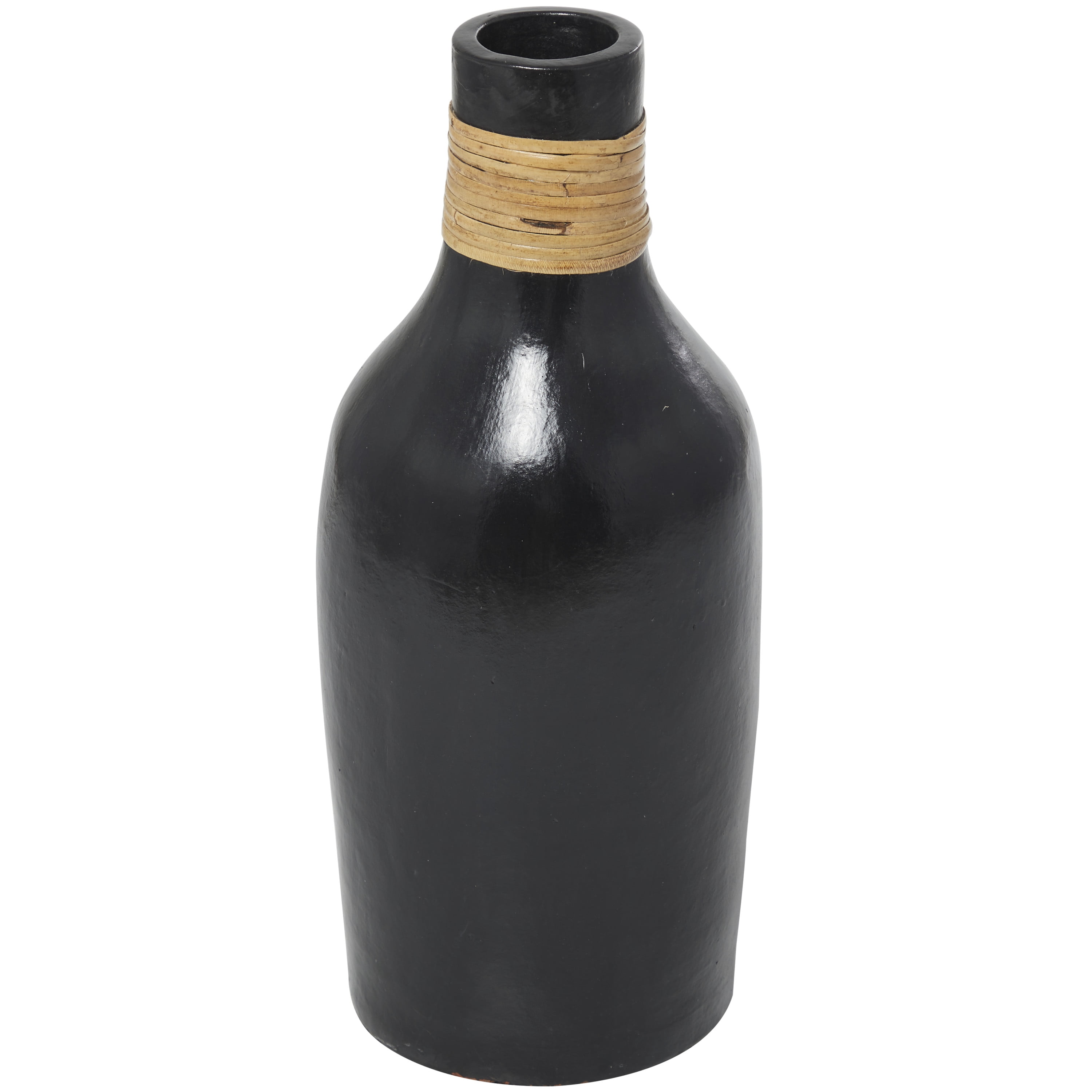 DecMode 19" Black Ceramic Vase with Wrapped Rattan Detailing