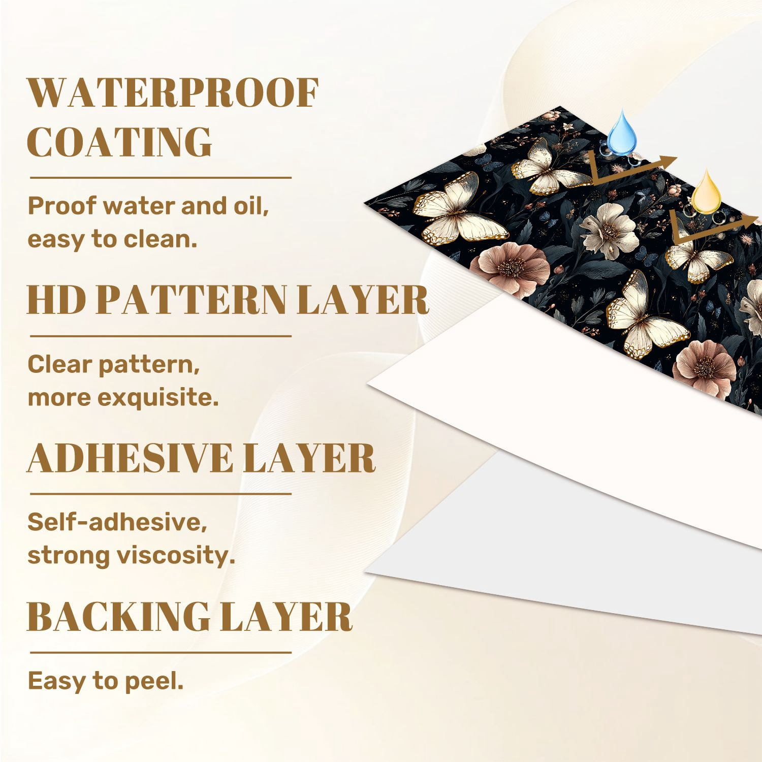 Peel and Stick Wallpaper Elegant Butterflies Floral Dark Wall Mural 23.6in x 9.8ft Self Adhesive Removable Wall Paper Renter Friendly Wallpaper for Nursery Bedroom Cabinets