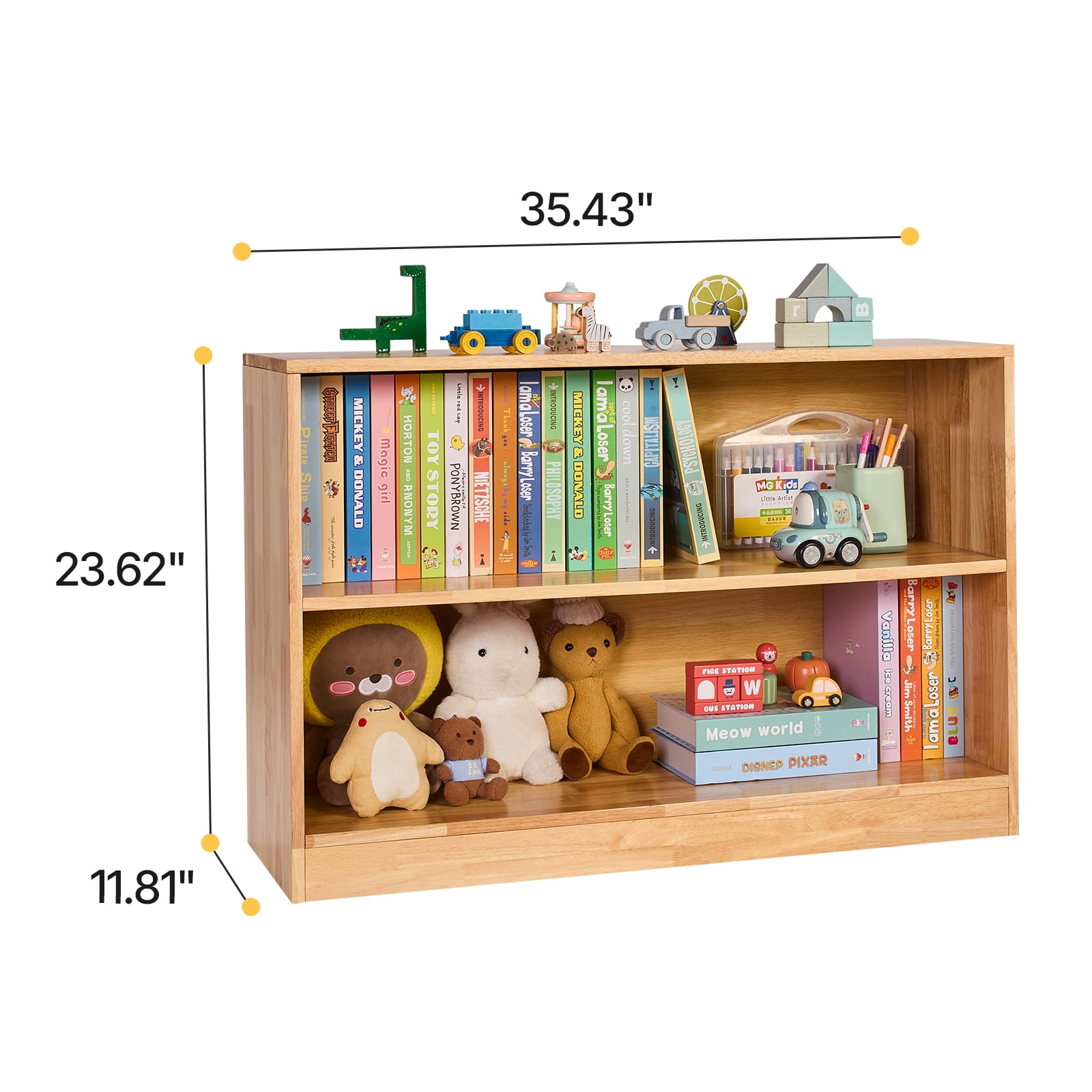 KFFKFF Montessori Bookshelf, 35.4-inch Wide Toy Organizer, 2-Tier Children's Display Cabinet, Daycare Furniture, Kids Storage Shelf for Bedroom, Nursery, Living Room, Entryway, Preschool, Brown