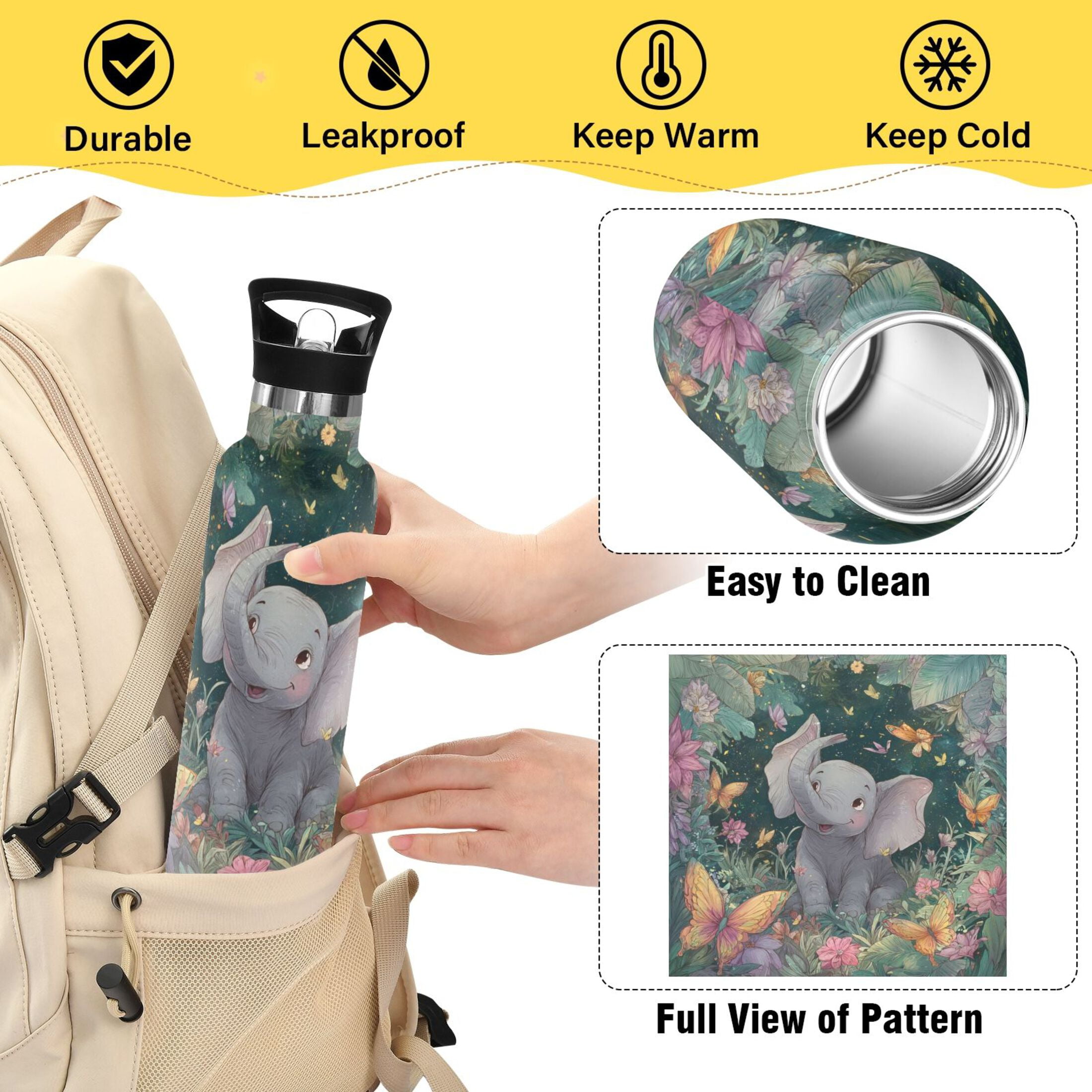 Kids Insulated Stainless Steel Sports Water Bottle 600ml (20oz) Cute Elephant