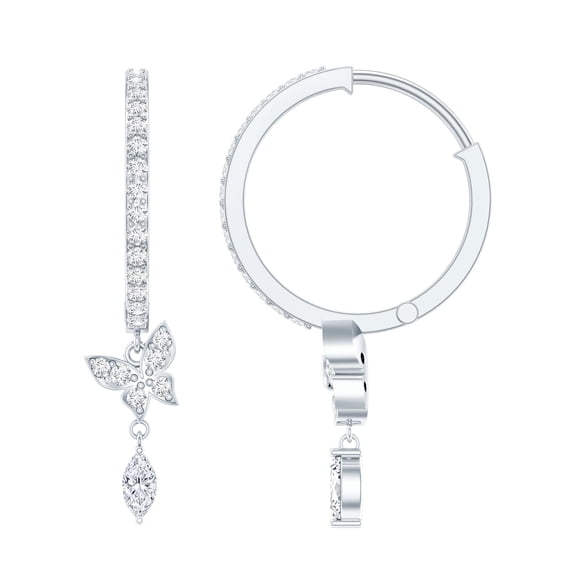 Rosec Jewels Natural Diamond Butterfly Drop Earrings - HI-SI Quality - Diamond Hoop Earrings for Women - with Jewelry Box, 10K White Gold