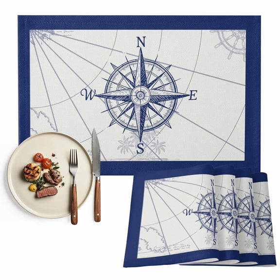 Placemats Set of 6, Compass Place Mats Blue Ocean Navigation Map Tablemats Washable Placemat Table Decoration for Kitchen Table Dinner Party Home Decor Indoor Outdoor 13x19 Inch