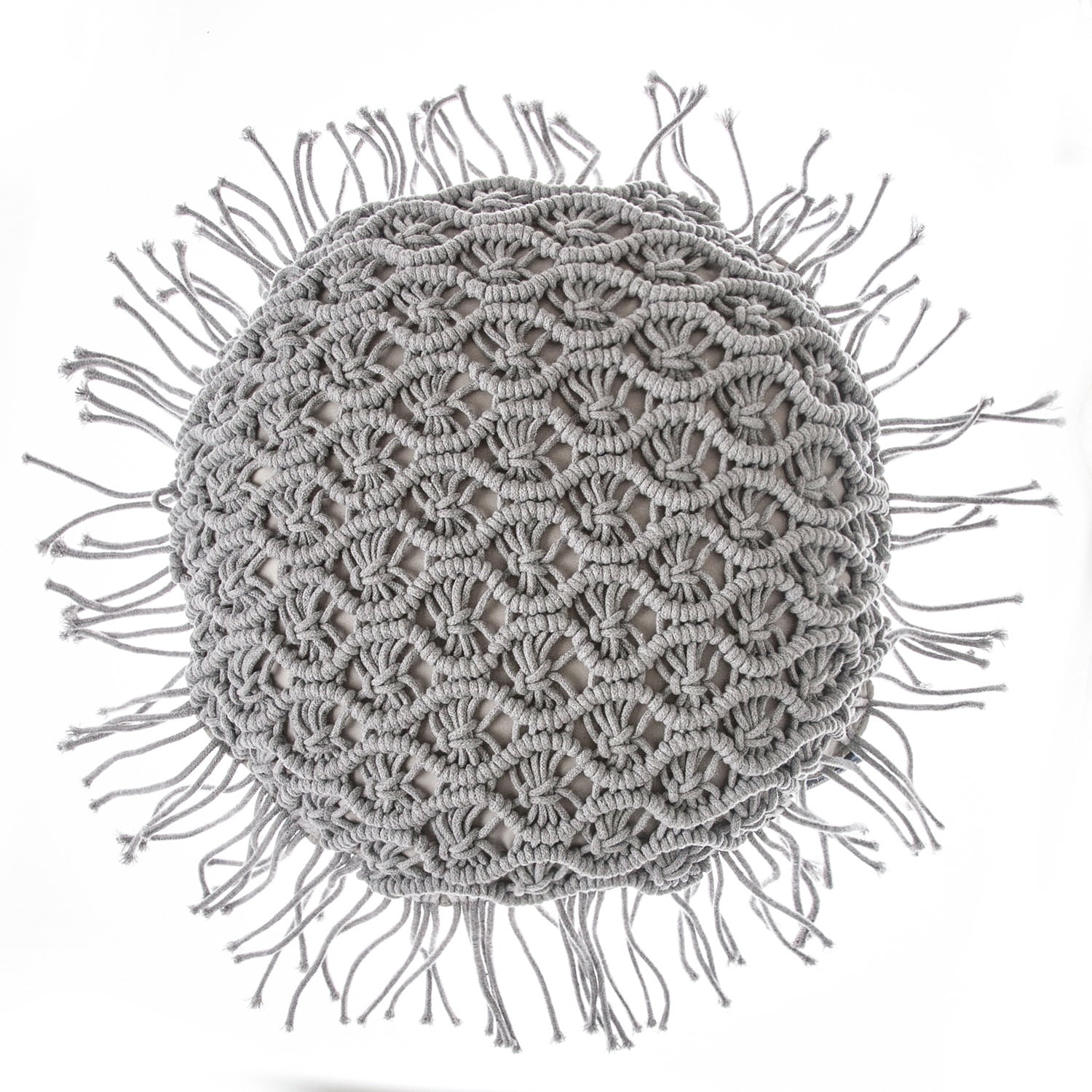 Phantoscope 100% Cotton Handmade Crochet Woven Boho with Tassels Series Decorative Throw Pillow, 16" x 16" Round, Gray, 1 Pack