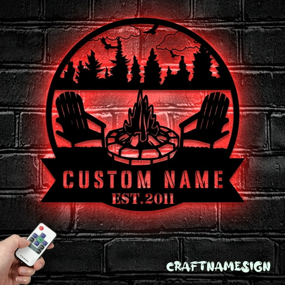 Craftnamesign Custom Fire Pit Lake House Metal Wall Art Led Light, Custom Campfire Name Sign