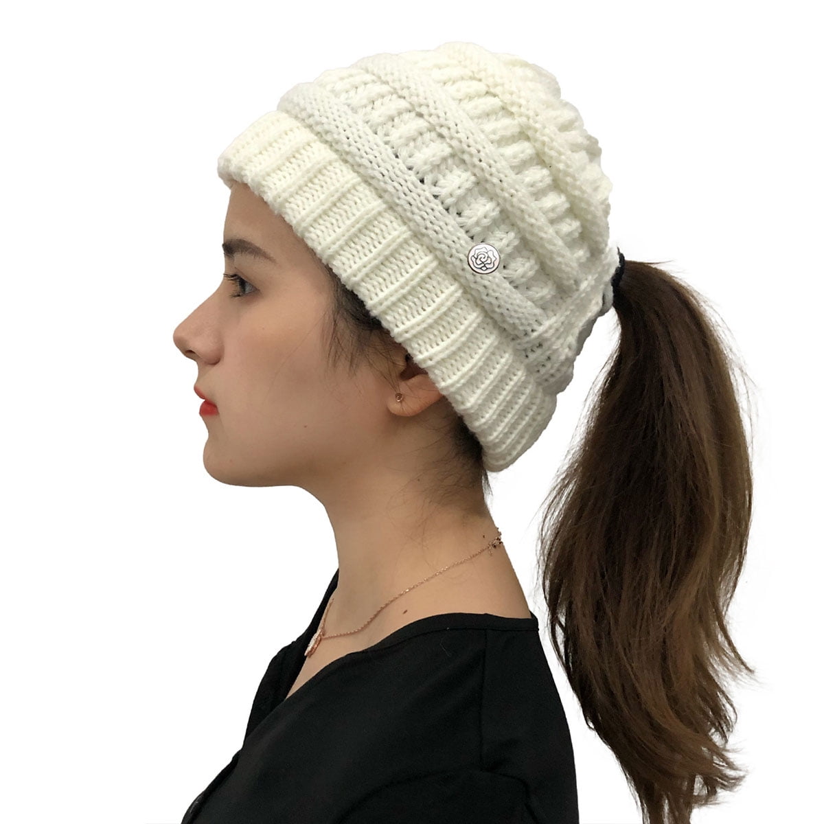 Women's Stretch Knit Hat Messy Bun Ponytail Beanie Winter Keeping Warm Cap Hat 