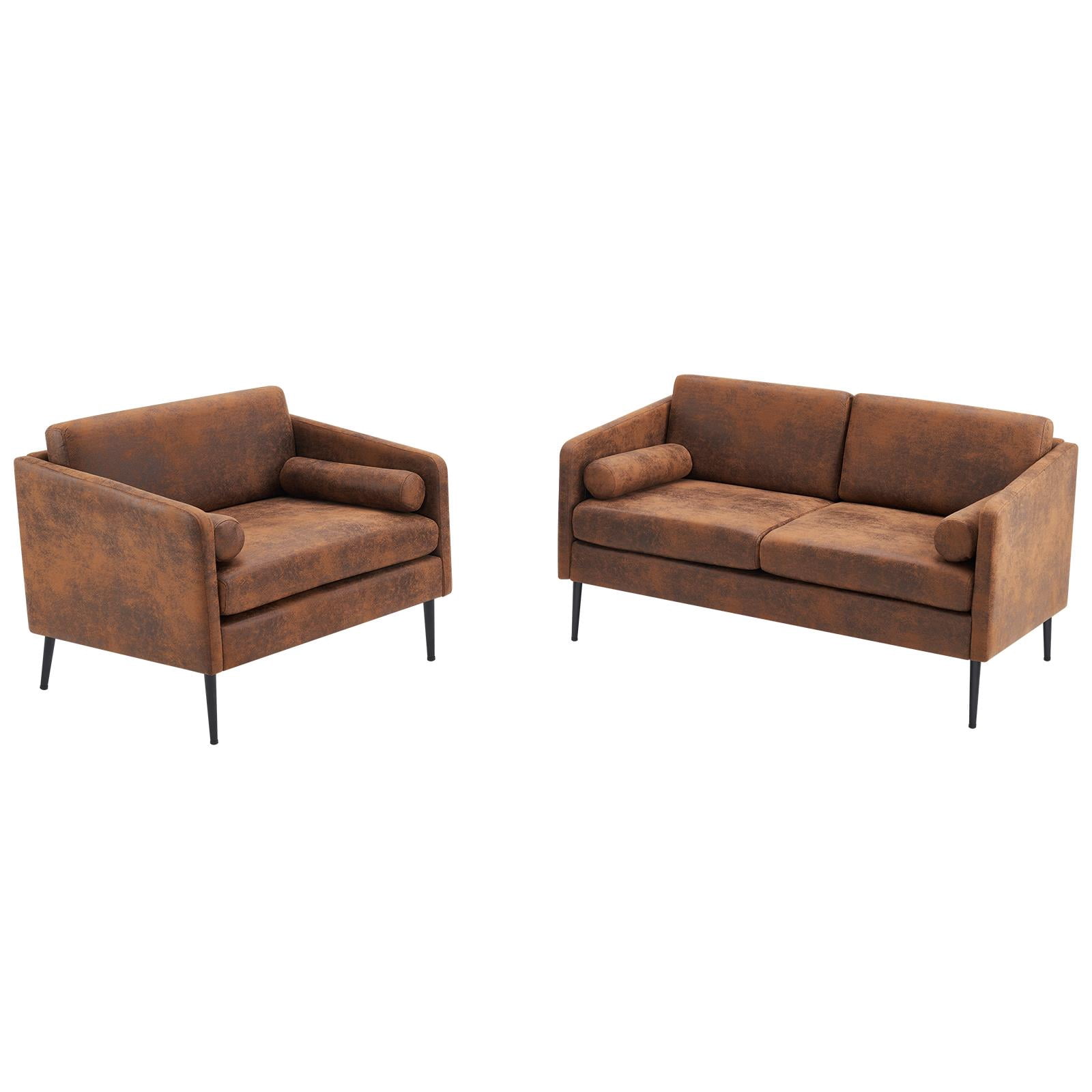 Ktaxon 2 Pieces Living Room Sofa Sets, 38" Parent-Child 1.5 Seater Accent Chair and Small 2 Seater Loveseat with Bronzing Cloth and Waist Pillows Brown