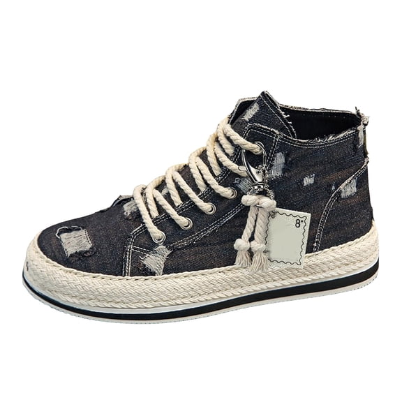 Rokment Mens High Top Fashion Sneakers Retro Streetwear Casual Ripped Denim Lace up Platform Canvas Walking Flat Tennis Shoes 2026 Black Size 7.5