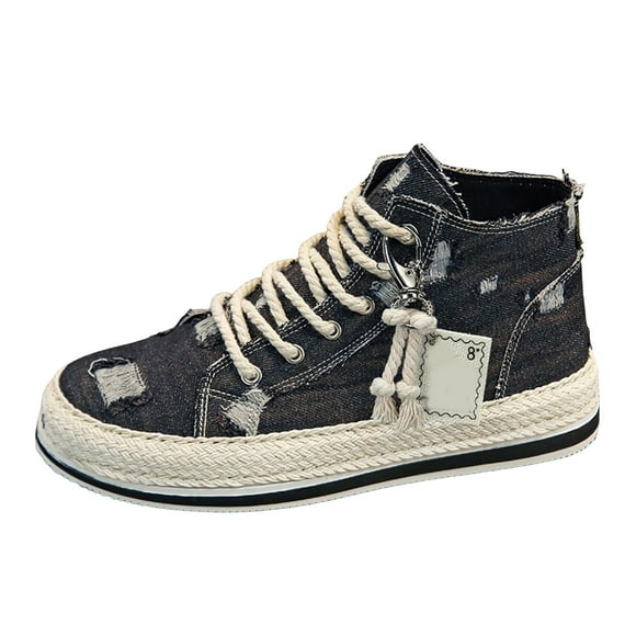 Men's High Top Flat Canvas Tennis Shoes Platform Trendy Casual Lace Up Running Shoes Thick Sole Non Slip Ankle Boots Black Size 7.5