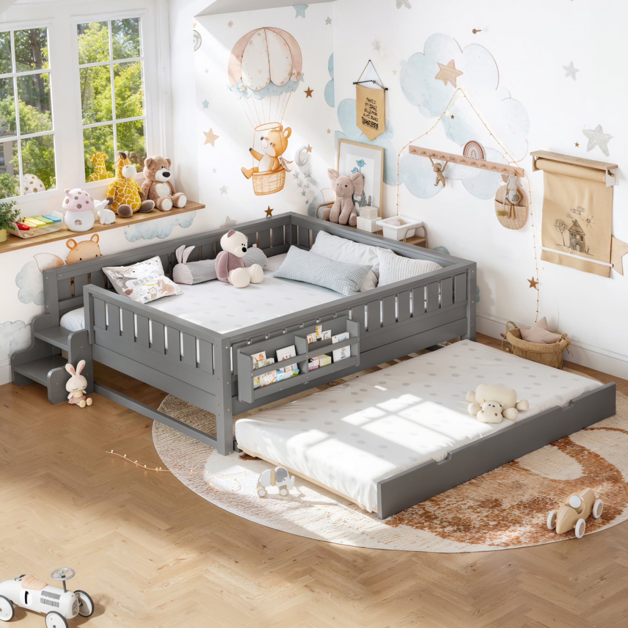 Queen with built-in bookshelves and small staircase, high-quality safety rails, and Trundle,Gray