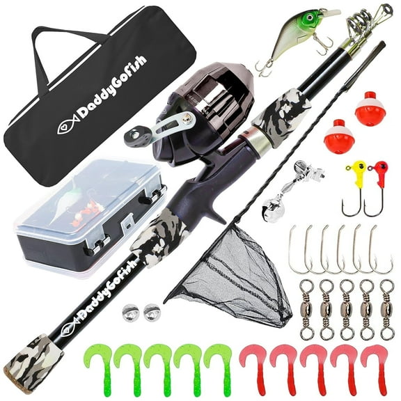 DaddyGoFish Kids Fishing Pole - Rod Reel Combo Tackle Box Starter Set - First Year Small Gear Kit for Boys Girls Toddler Youth Age Beginner Little Children (Essential Set, Black, 4ft)
