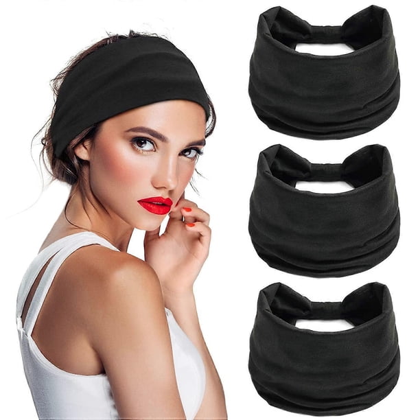 3 Pack Black Solid Color Wide Boho Headbands for Women and Girls, Elastic Turban Head wrap Non-Slip Hair Bands for Sport Yoga and Running Headband