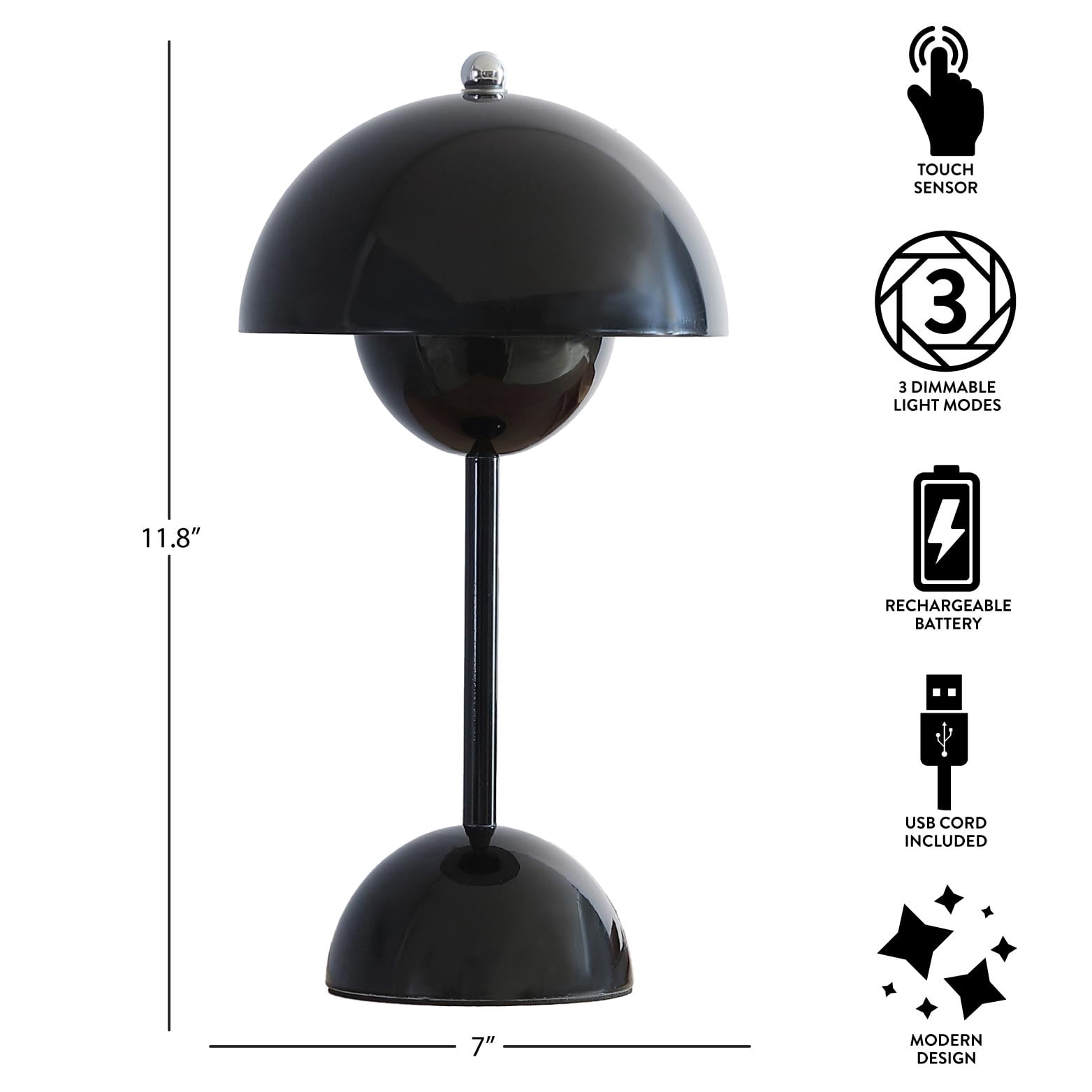 Mainstays Rechargeable 12" Black LED flowerpot Portable Metal Table Lamp, Cordless Dimmable Desk Lamp