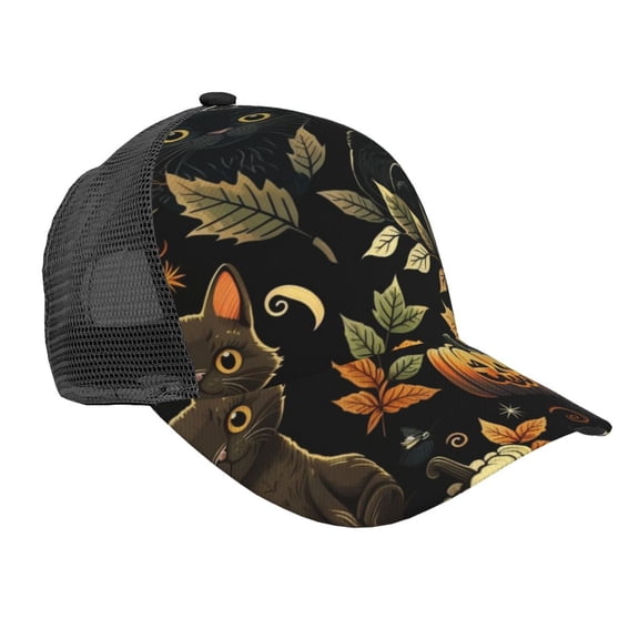 Baseball Cap Mesh Snapback 3D Adjustable Hip Hop Trucker Hats, Cats Halloween Black