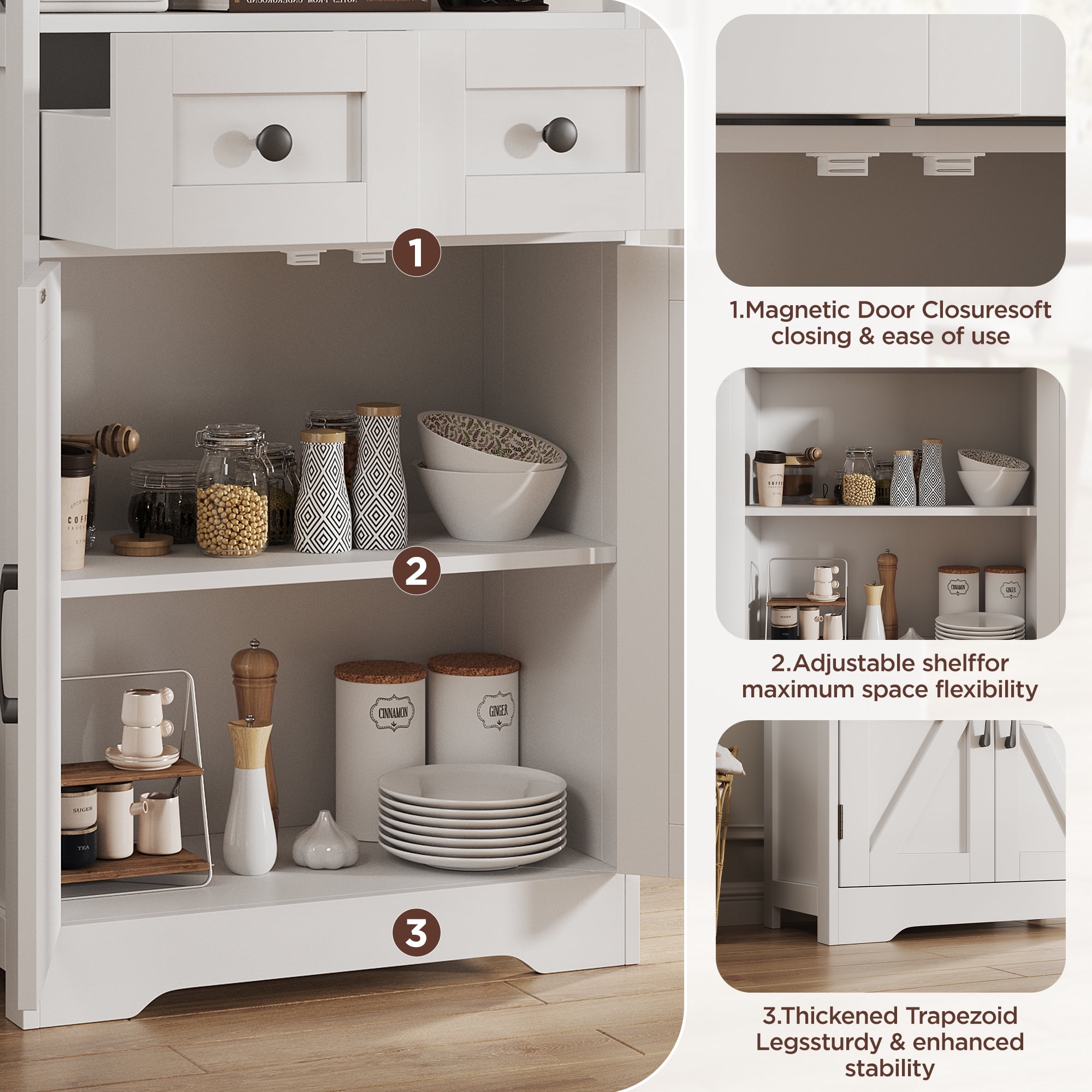 Farmhouse Storage Cabinet with Doors and Drawers, Freestanding Kitchen Pantry Cabinet Sideboard, White