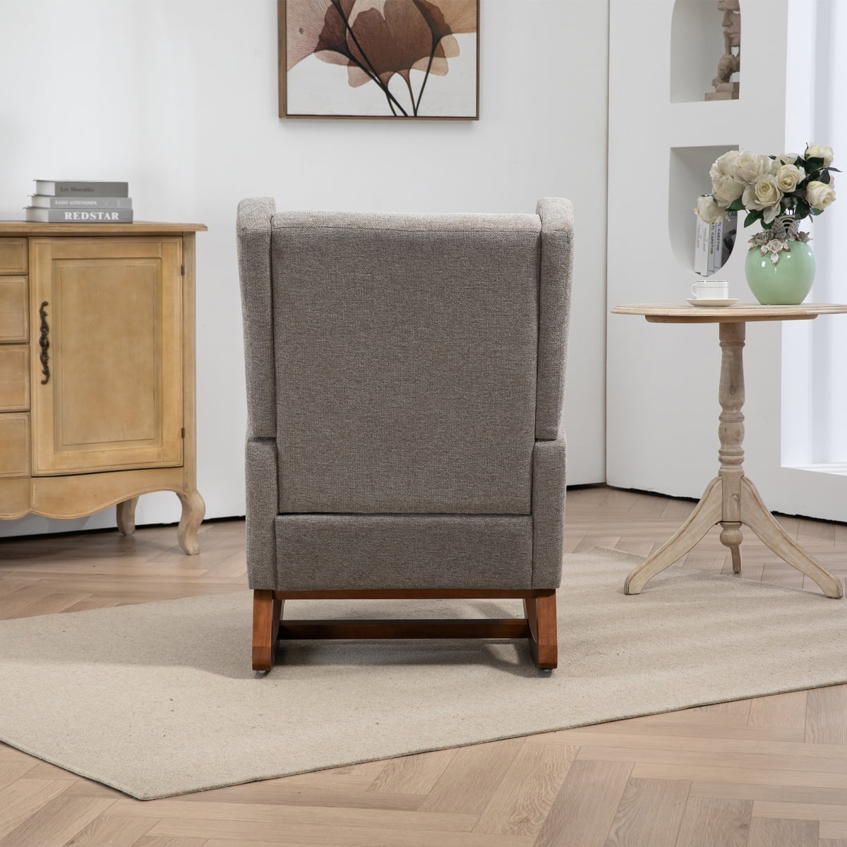 25.4"W Modern Rocking Chair for Nursery, Mid Century Accent Arm Rocker With Retractable Footrest, Side Pocket, Comfy Upholstered Wingback Wooden Glider Chair for Living Room Baby Kids Room. Taupe