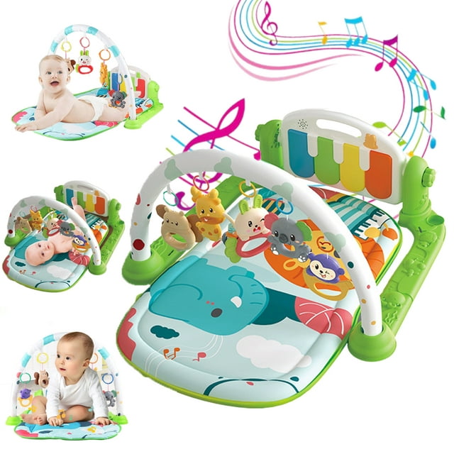 3 in 1 Baby Activity Play Mat Infant Play Gym Kids Musical Play Crawling Mat with Hanging Toys and Lights Best Gift for Baby Boy and Girl, Green