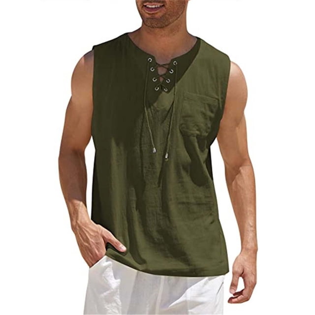 pstuiky Camisetas sin mangas para hombre, Camiseta sin mangas con cuello en V, holgada, informal, con cordón y bolsillo, de color liso y a la moda para hombre Tops elegantes para mujer xxxl