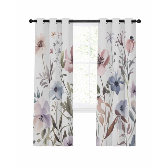 Watercolor Flower Blackout Curtains for Bedroom Living Room, Grey Purple Floral Leaf 63 In Long Thermal Insulated Room Darkening Drapes Grommet Window Treatments, 52 x 63 In