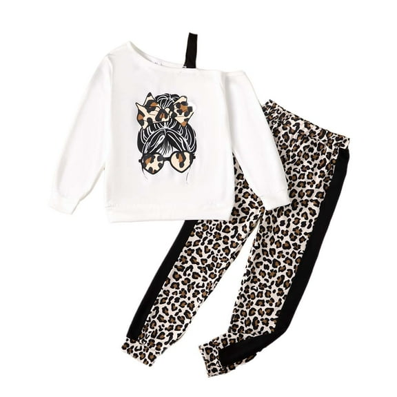 Kucnuzki 13T Big Girl Winter Outfits Pants Sets 14T Big Girl Long Sleeve Carton Prints One-Shoulder Causal Pull-Over Top Elastic Leopards Panel Pants 2PCS Set White