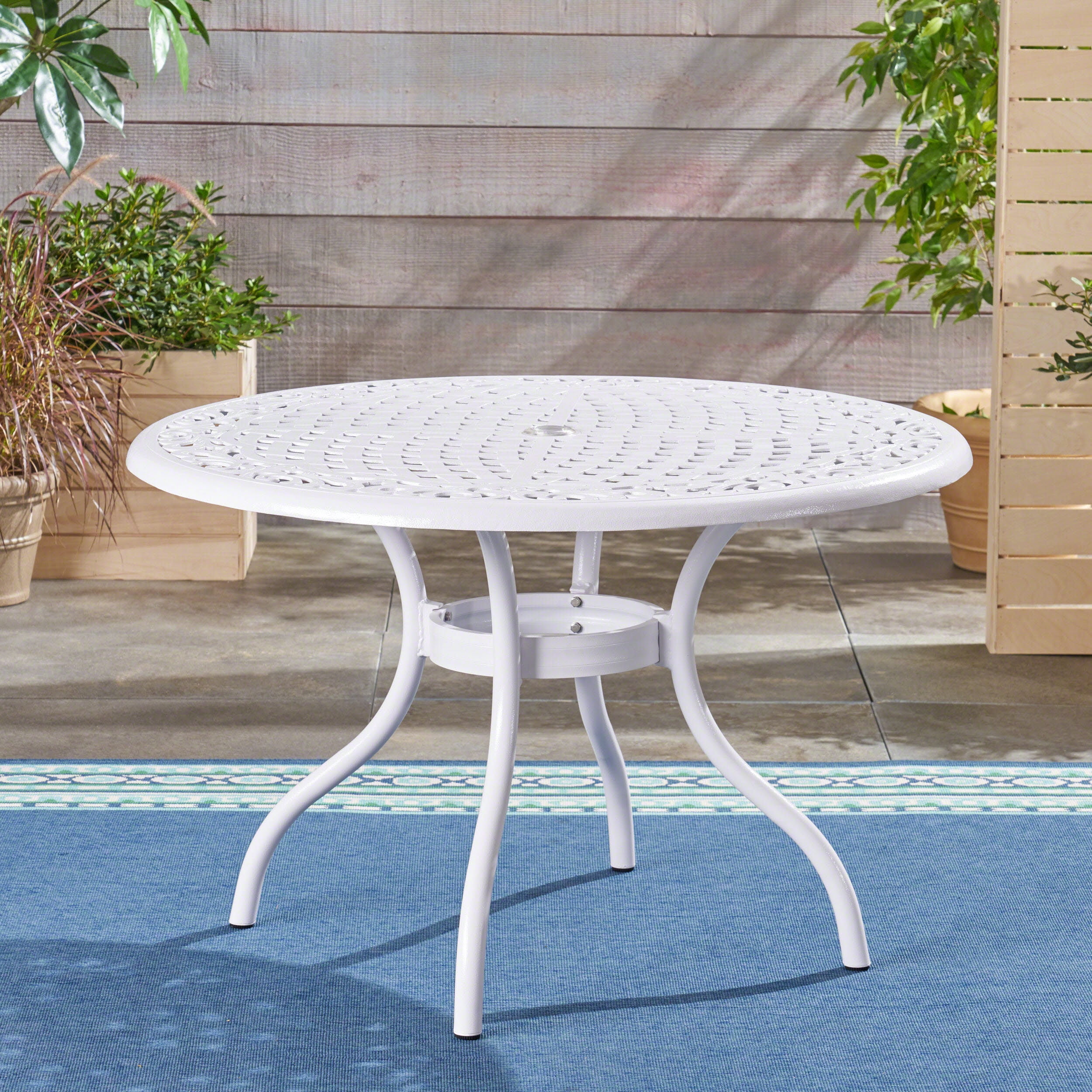 Outdoor Cast Aluminum Round Dining Table 48 Inch, Large Leisure Desktop for Patio Garden, White