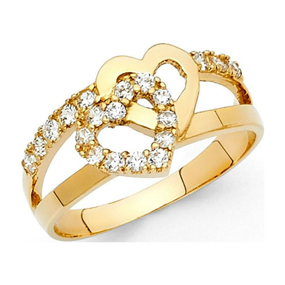 CZ Heart Band Solid 14k Yellow Gold Promise Ring Two Hearts Together Love Band Polished Fancy, Size 7
