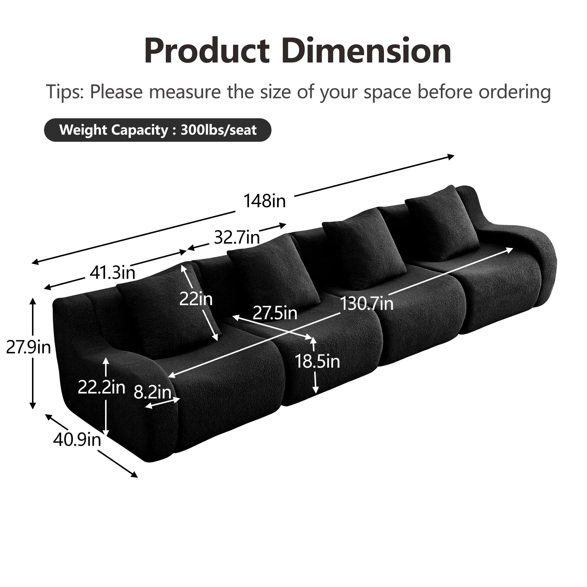 Aukfa 148" Oversized Cloud Sofa Deep Seat 4 Seat Modular Boneless Couch for Living Room, 4 Pillows, Teddy Fleece, Black