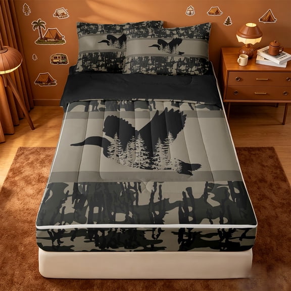Homewish Camo Duck Silhouette Zipper Twin Comforter Sets with Fitted Sheet and 2 Pillowcases,Rustic Pine Tree Zipper Bedding Set For Boys,Black Reversible,4 Pieces