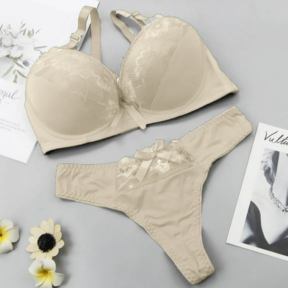 GILIGEGE Push Up Bra and Panty Sets for Women Underwear Sets for Women Full Coverage Bra Women's Underwire Lace Bras Pu Sh Up Bra and Bikini Pan Sets Beige 100D