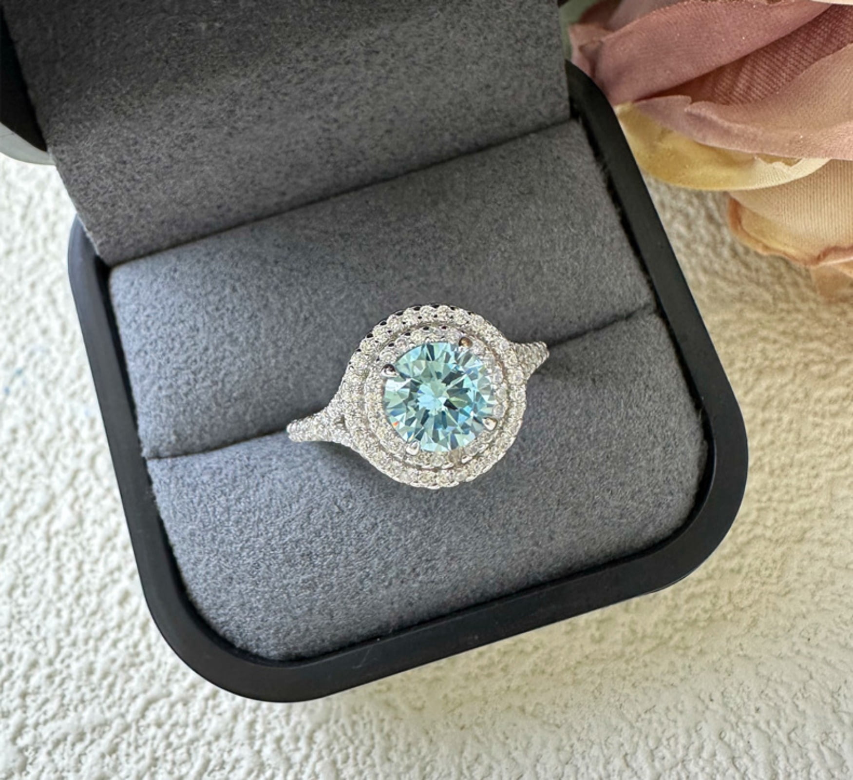 1 Carat Round Halo Engagement Rings for Women 925 Sterling Silver Rings CZ Blue Diamond Rings Wedding Bands Promise Rings for Her