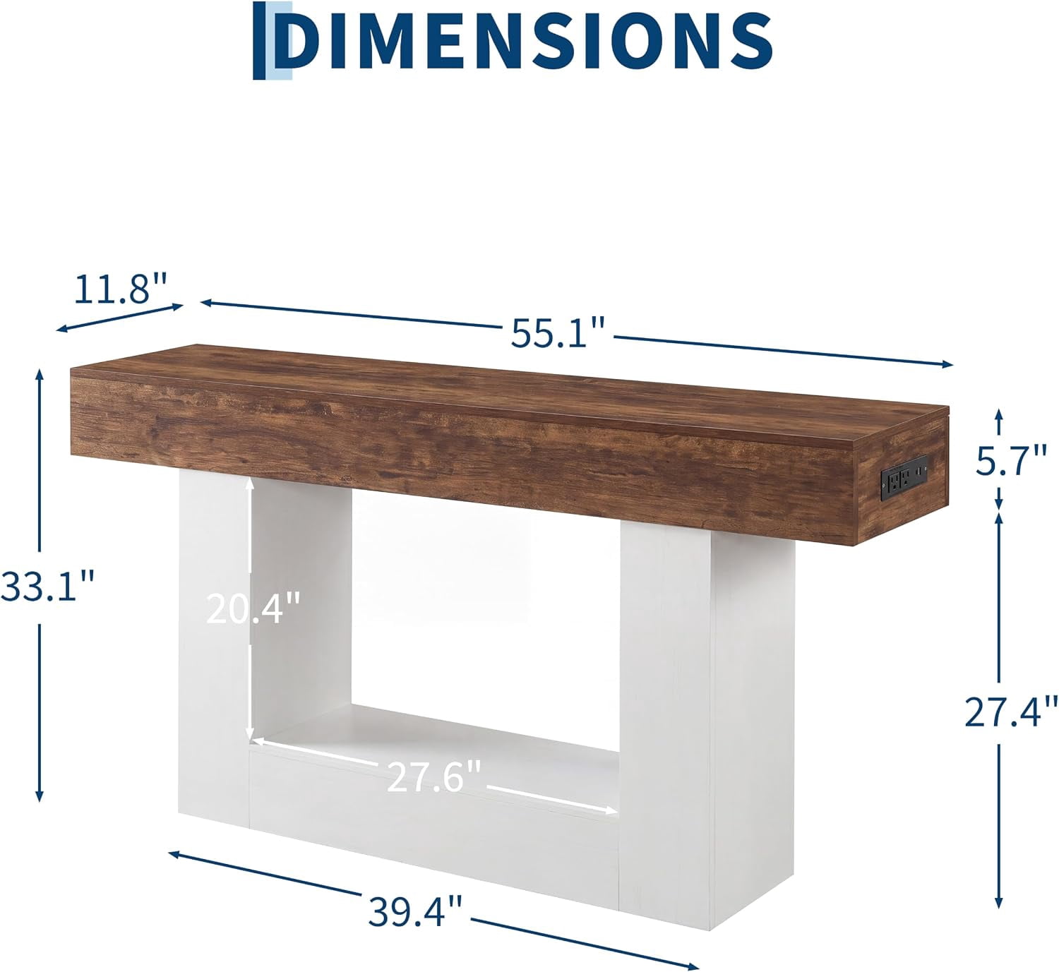 55” Entryway Table with Charging Station & LED Light, Narrow Sofa Table for Hallway Living Room, Modern Farmhouse Console Table with Storage Shelf, Brown and White