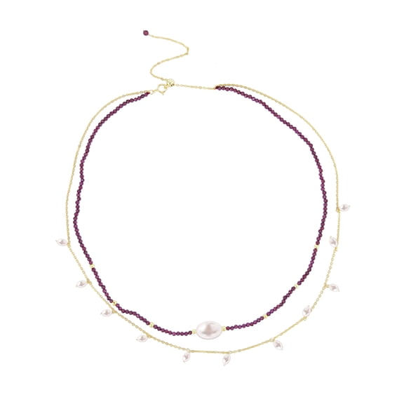 Gold Over Sterling Silver with Natural Freshwater Pearl and Garnet Duble Strand Necklace with 18" Chain