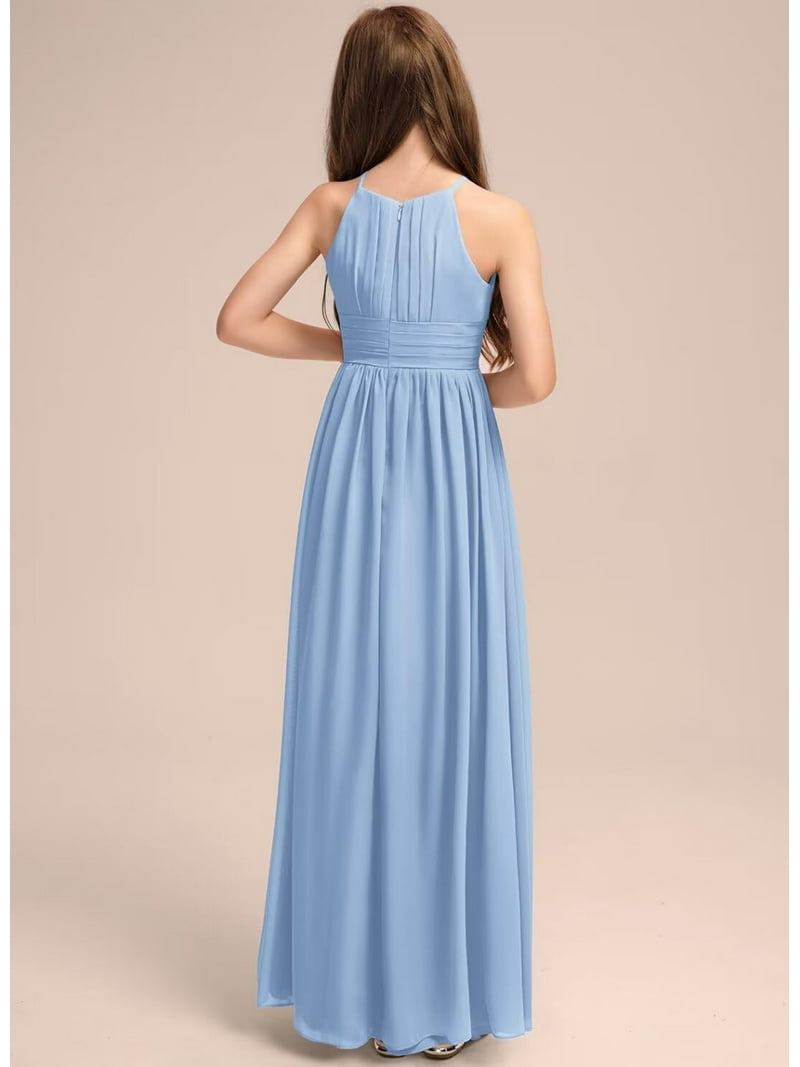 Drtj 2-16T Teen Junior girls Bridesmaid Dress Flower Girl Dresses with  Pleated A-line Halter Floor-Length Chiffon
