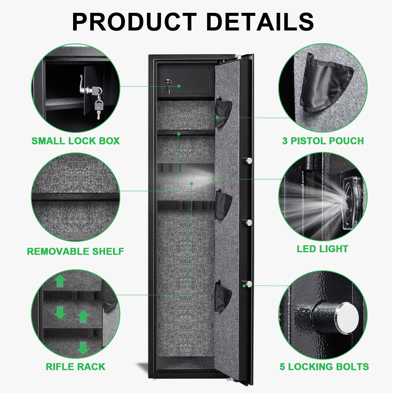 57.09" Biometric Fingerprint Gun Safe, Quick Access 5-8 Gun Cabinet for Gun and Pistols with LCD Screen Keypad, Mute Function and Dual Alarm System