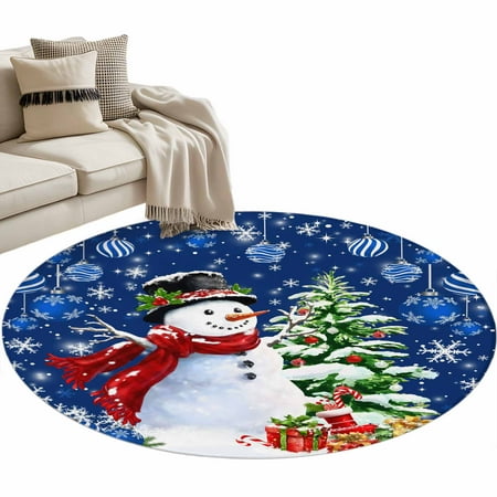Navy Blue Christmas 3ft Area Rug, Snowman Xmas Tree Ball Gifts Winter Washable Non-Slip Small Round Rugs for Entryway Bedroom Kitchen, Soft Circle Carpet for Dining Room, Playroom Nursery Rug