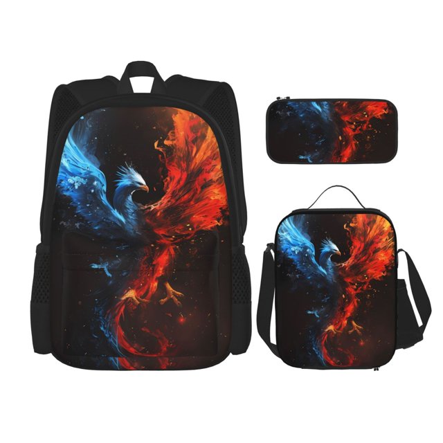 Disketp Red And Blue Fire Bird Mochila Estampada de Gran Capacidad con Lonchera y Estuche, Set de 3 Piezas para Estudiantes