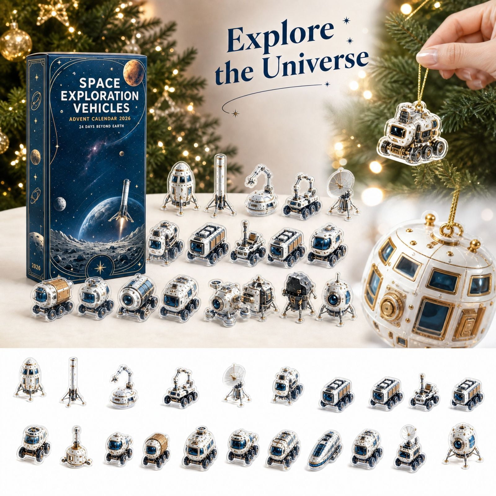 24-Piece Space Exploration Vehicles Advent Calendars 2D Acrylic Christmas Ornaments - Space Exploration Vehicles-Themed Acrylic Pendants for Tree Window Wall Backpack and Keychain Display