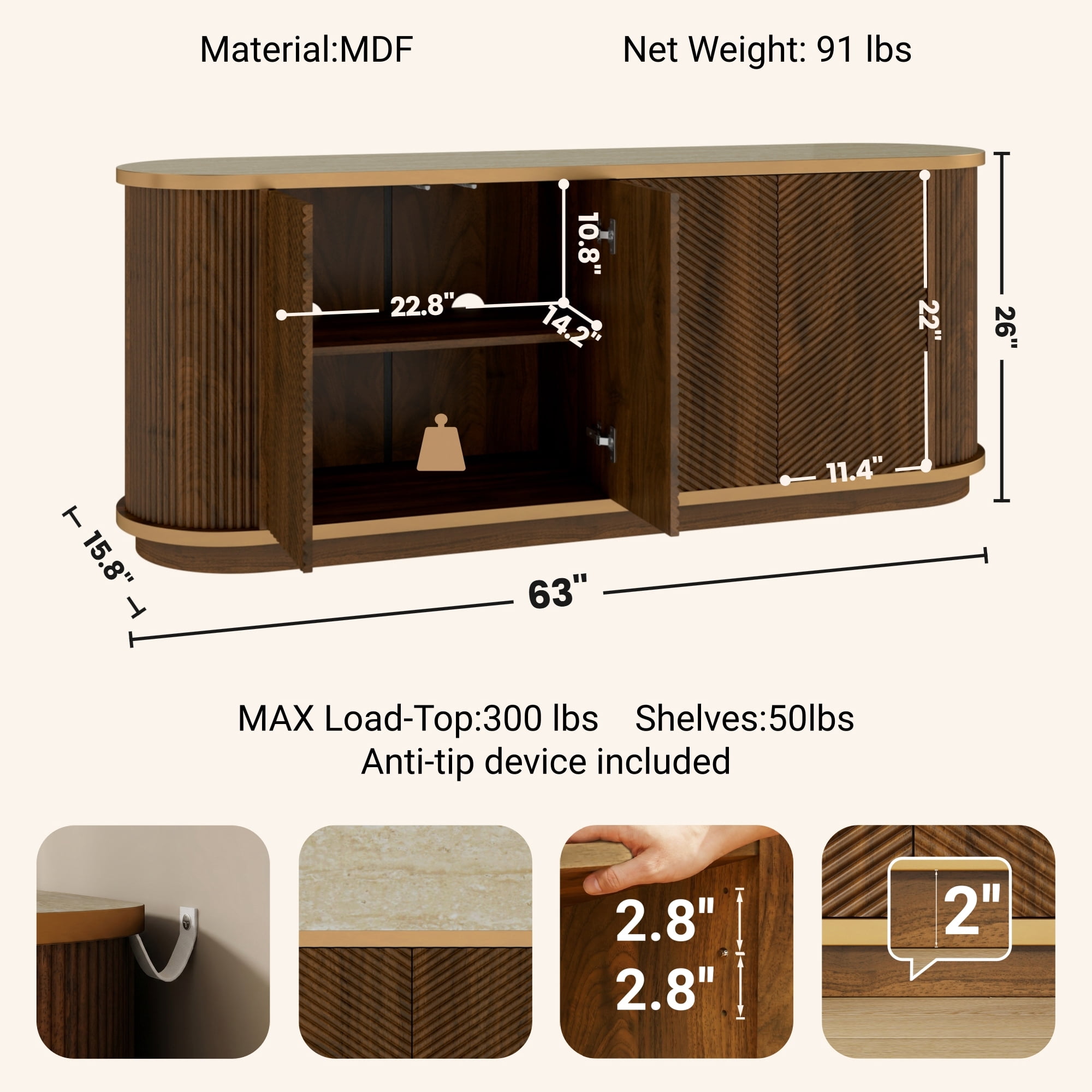 Leumius 63" Diagonal Fluted Sideboard Cabinet with Storage, 4-Door Walnut Buffet Credenza TV Stand with Gold Trim, Modern Cabinet for Dining Room, Living Room,Walnut