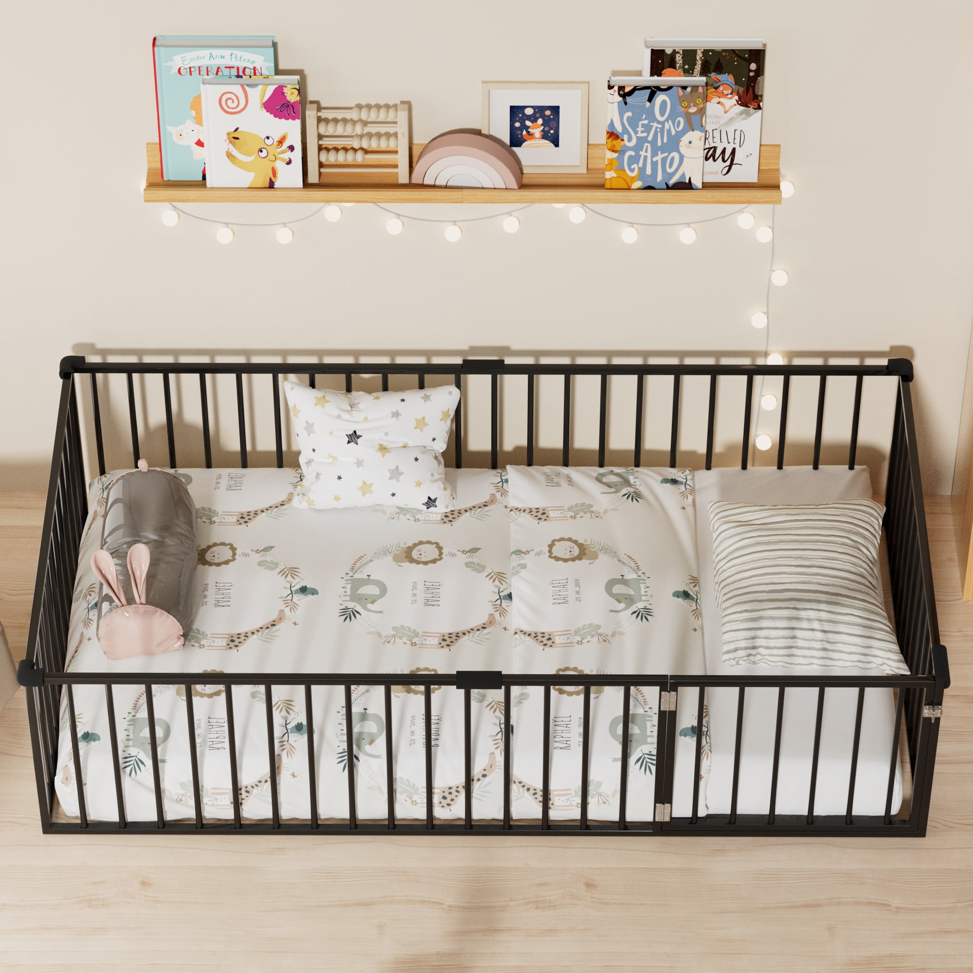 Twin Size Floor Bed for Kids and Toddlers, Metal Montessori Floor Bed with 21.7" High Full-Length Fence and Door, Safety Montessori Bed Frame for Kids Girls and Boys, No Slats Supports, Black