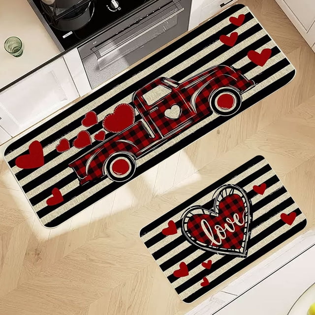 Valentine Kitchen Rug Set of 2,Valentine's Day Kitchen Decorations Floor Mats,Buffalo Plaid Love Hearts Non-Slip Backing Valentines Day Kitchen Mat,Seasonal Holiday Wedding Doormat Runner Rug