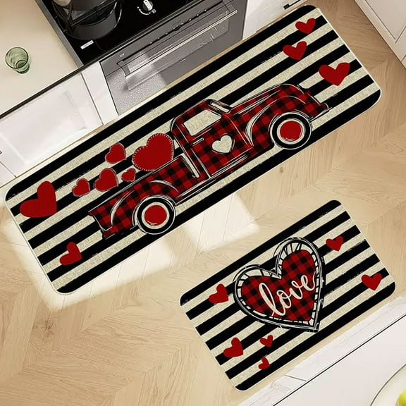RBCKVXZ Valentine's Day Kitchen Mats Set of 2, Red Love Heart Decorative Kitchen Rugs Romantic Kitchen Mats for Floor Non Slip Anniversary Wedding Party Home Decor 16x24 and 16x47 Inch