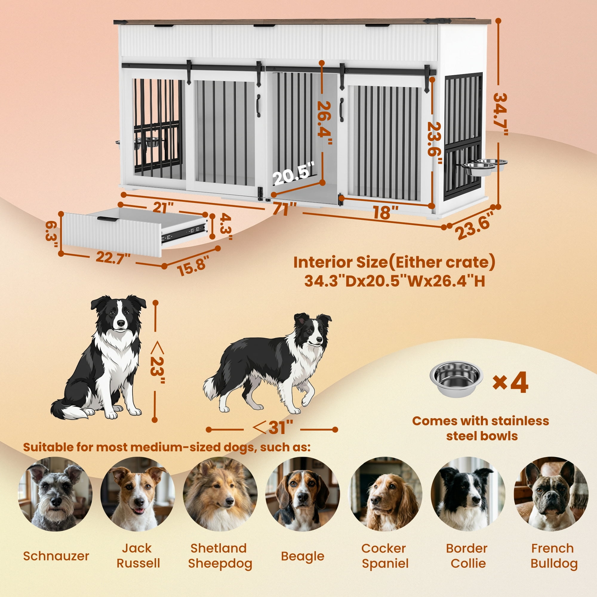 Aukfa TV Stand for TVs up to 75" with Dog Crate, Entertainment Center with Drawers, Rotating Pet Feeder & Power Strip for 1–2 Dogs,White