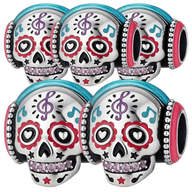 Charm metálico dj estilo festivo SkullDj01 5Pzas Plata S925 Chapa Separador Fijo Cráneo Dj Plata/Multicolor Caja Negra 4