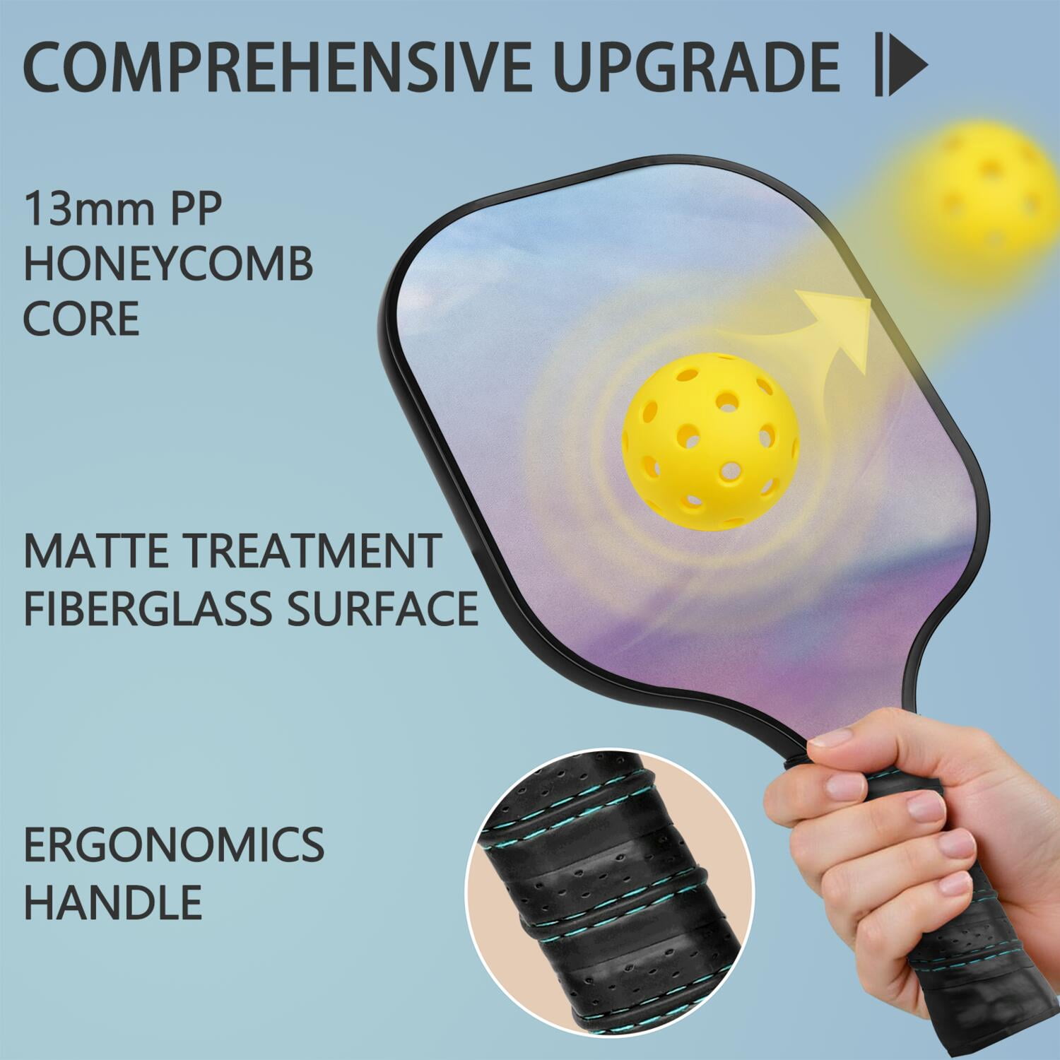 Pickleball Paddles Set Of 2, Fiberglass Surface, Dreamy Cloud Print, 4 Balls & Bag