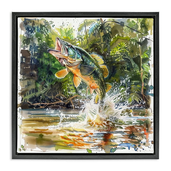 Stupell Industries Jumping Bass Fish Animals Painting Black Floater Framed Canvas Art Print Wall Art, 18 x 18