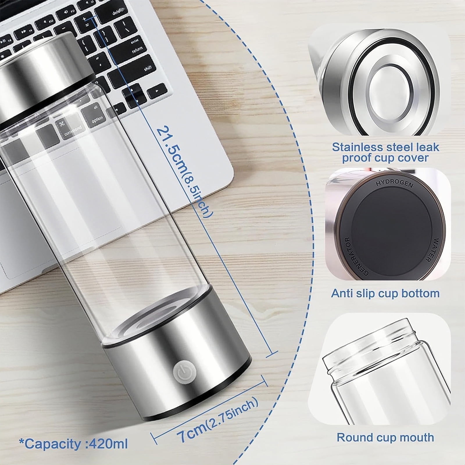 BITOUSHI Hydrogen Water Bottle Portable Hydrogen Water Ionizer Machine Hydrogen Rich Water Cup Generator with New SPE PEM Technology Water Glass for Office Home Travel Drinking - Silver