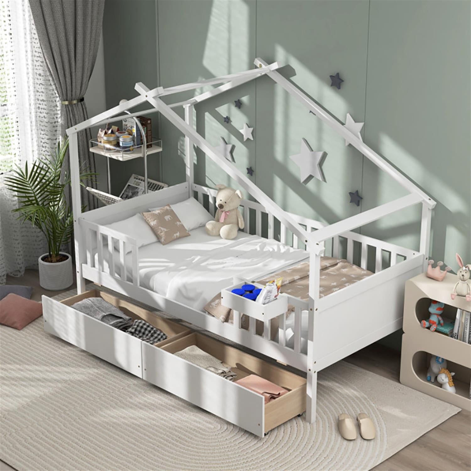 Demi Bonn Twin House Bed Frames with 2 Storage Drawers and Roof & Fence Rails, Modern Platform Bed Frames for Teens, White